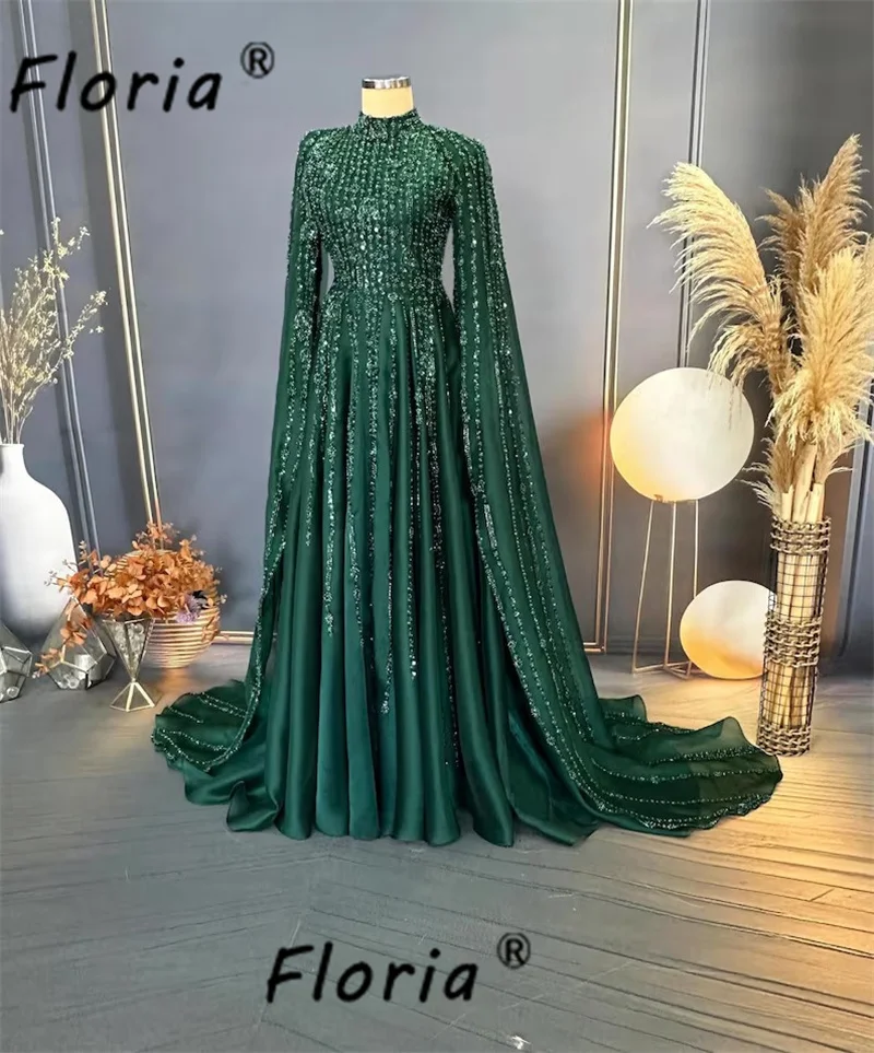 

Dubai Muslim Green Evening Dress Long Sleeve Long Cape Sparkling Beaded Pleats Wedding Engagement Dress Customized Vestidos Gala