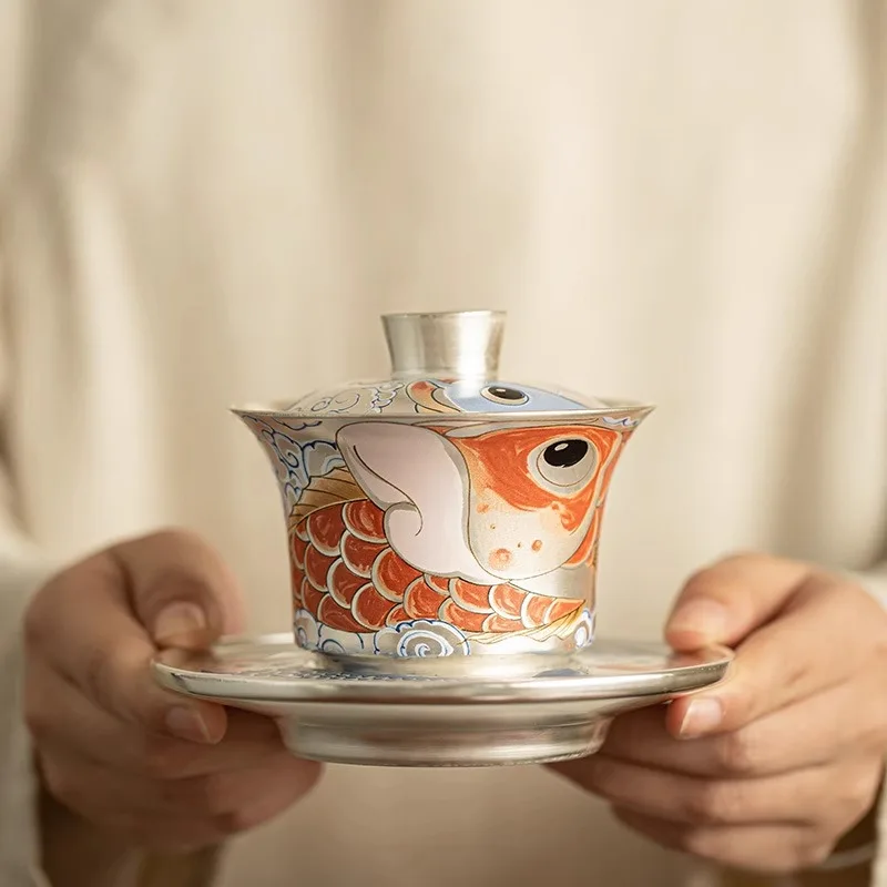

Tea set handmade silver three talents horseshoe covered bowl, Chinese dragon fish respect tea bowl, tea making bowl, tea cup for