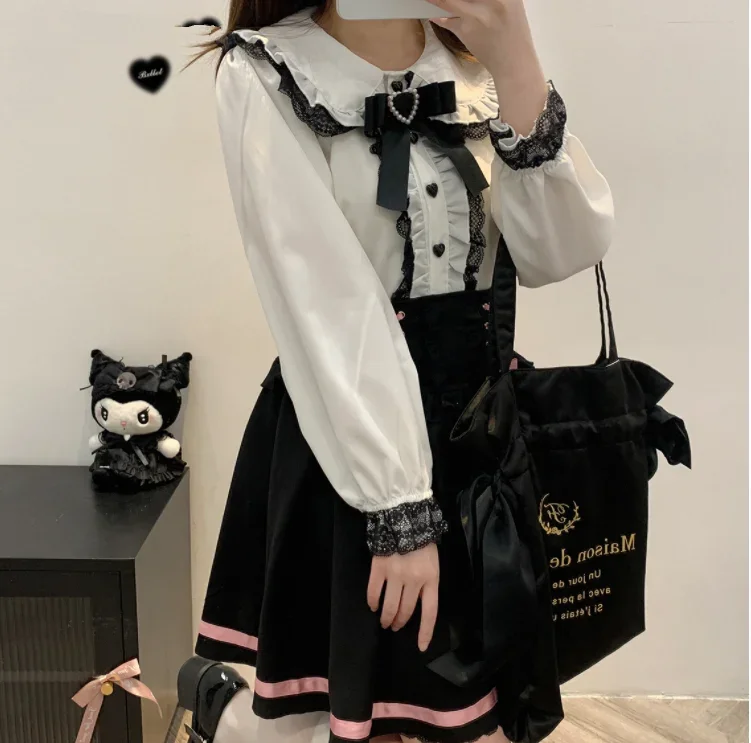 Sweet Lace Patchwork Long Sleeve Crop Top Blouse Women Japanese Y2k Harajuku Camisas JK Bow Ruffle Shirt 2024 Kawaii Blusa Femme