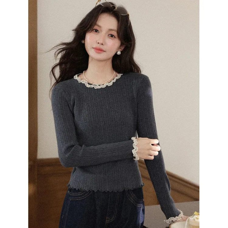 

ALXNAN Grey Pullover French Style Long Sleeve Slim-fit Women's Sweater Lace Trim Elegant Casual Knitted Tops Ladies L59663