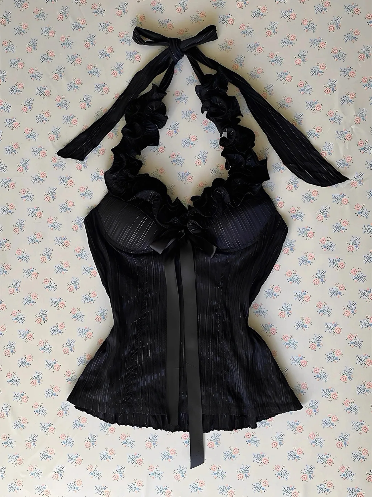 

Kimotimo Y2k Bow Camisole Vest Women Ruffle Halter Tied Slim Fit Waist Crop Top Summer Vintage Sexy Spicy Girl Outerwear Tanks