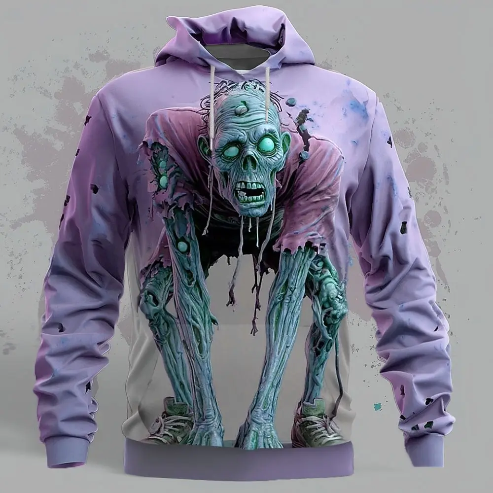 Men's Halloween Zombie 3D Printed Hoodie, Horror Graphic Pullover Sweatshirt, Long Sleeve Casual Clothing Festival Cosplay Tops