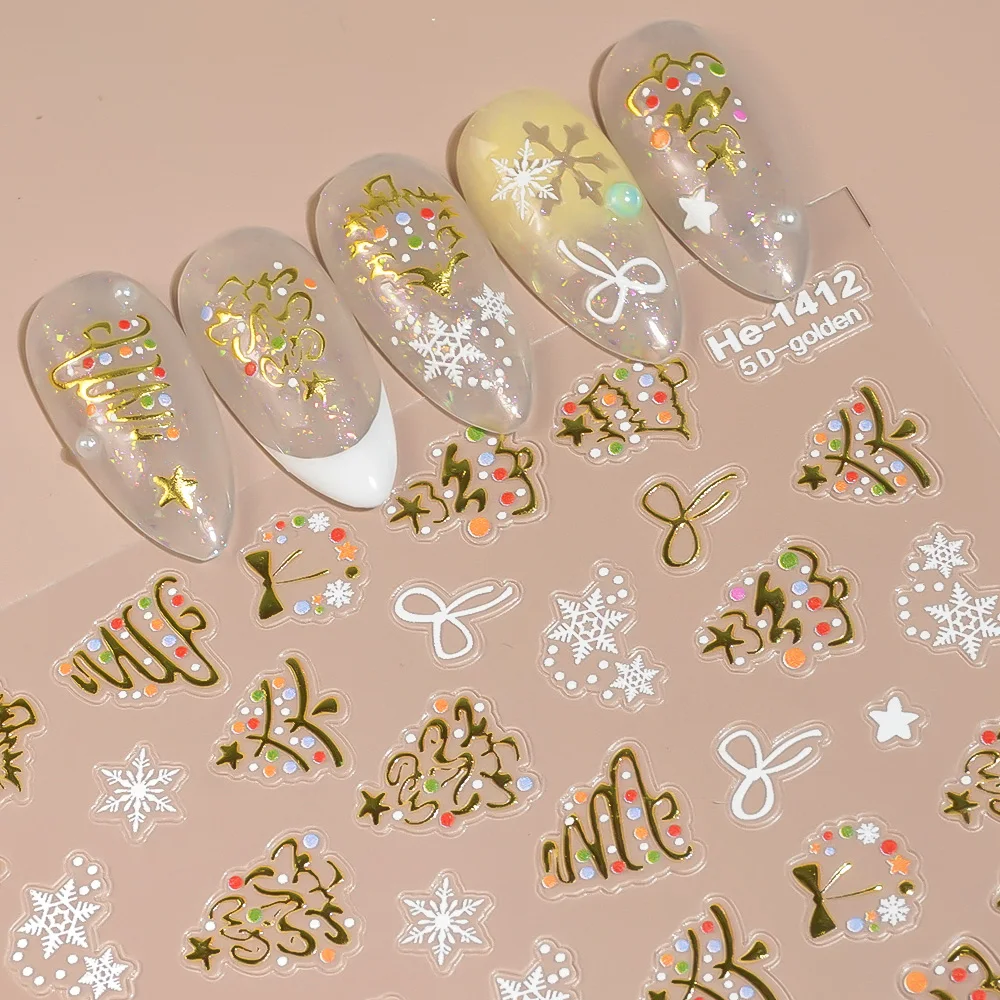 

1/5/10pcs Christmas 5D Embossing Nail Stickers Snowflake Bowknot Design 3D Relief Nail Art Decals for Women DIY Manicure Decor