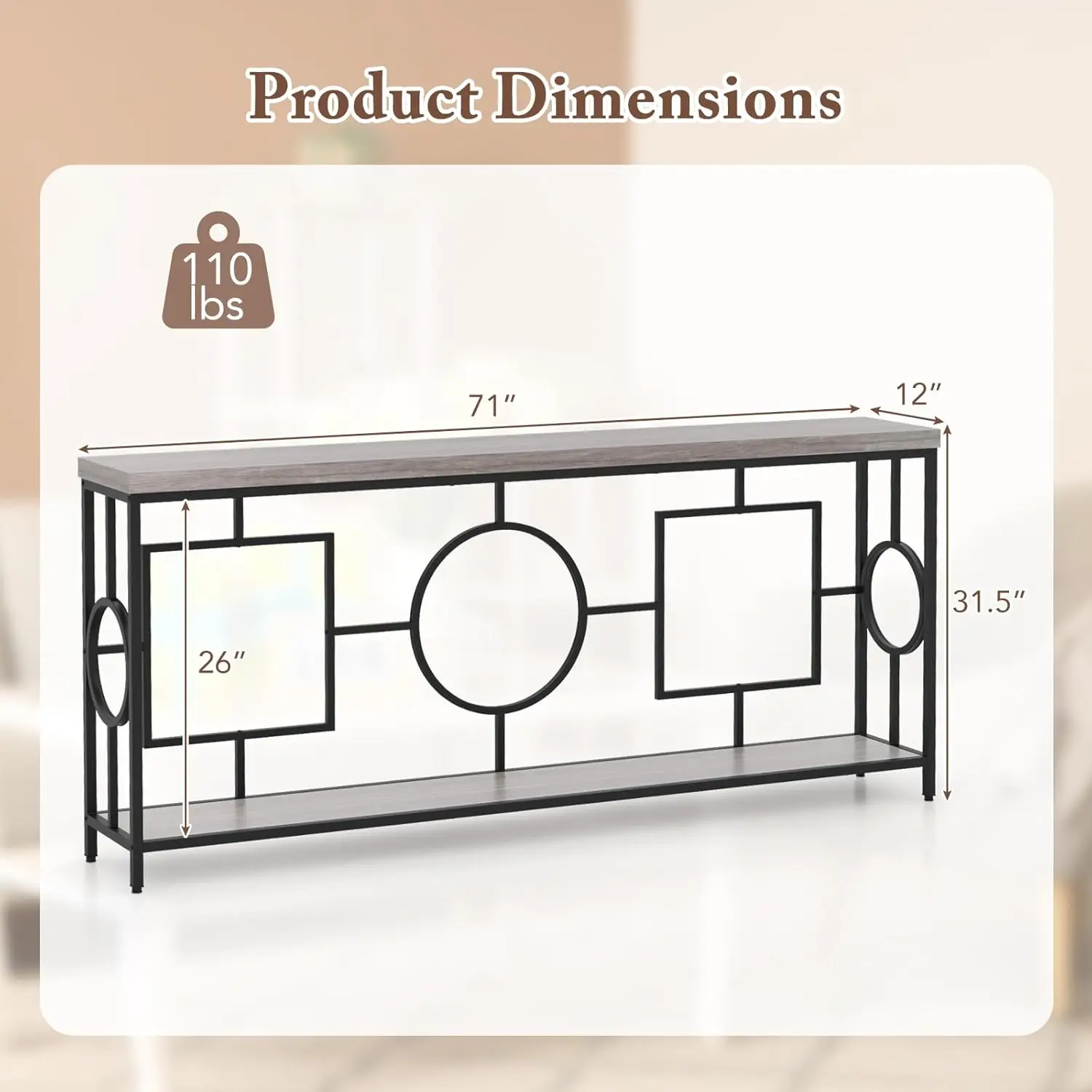 Extra-Long Console Table w/Storage Shelf, Faux Wood Top, Geometric Frame, Entry Table for Living Room Hallway Foyer, Customized