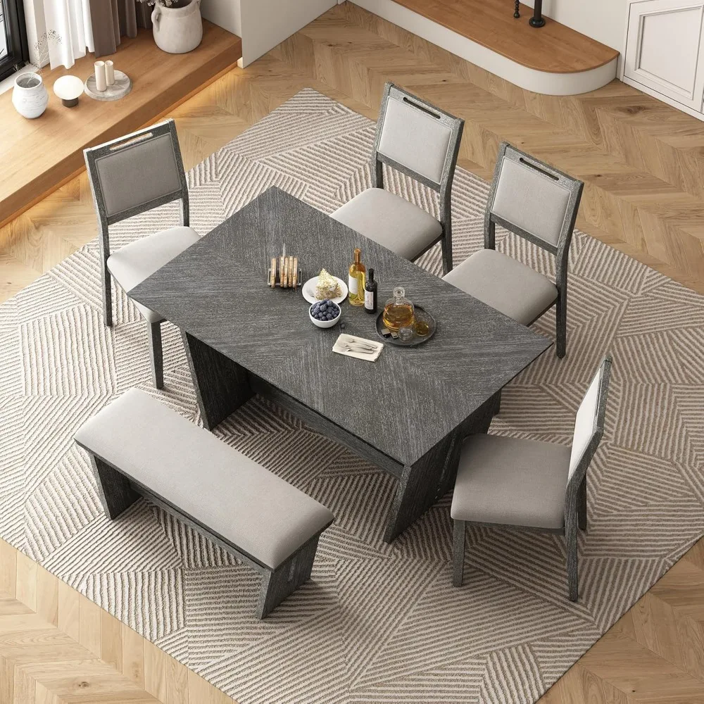 6-Piece Retro Dining Set, 1 Rectangular Table with Stable Trapezoidal Table Base and 4 Upholstered Chairs and 1 Bench