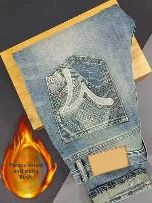 

Мужские джинсы Slim Fit с вышивкой, утепленные флисом, в европейском стиле, молодежные, модные, износостойкие