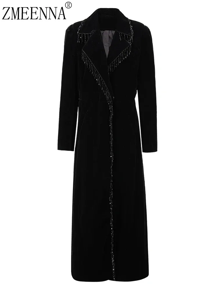 

ZMEENNA Black Rhinestone Tassel Trench Women New Lapel Long Sleeve Loose Fit Windbreaker Fashion Tide Spring Autumn 2024 ZM29