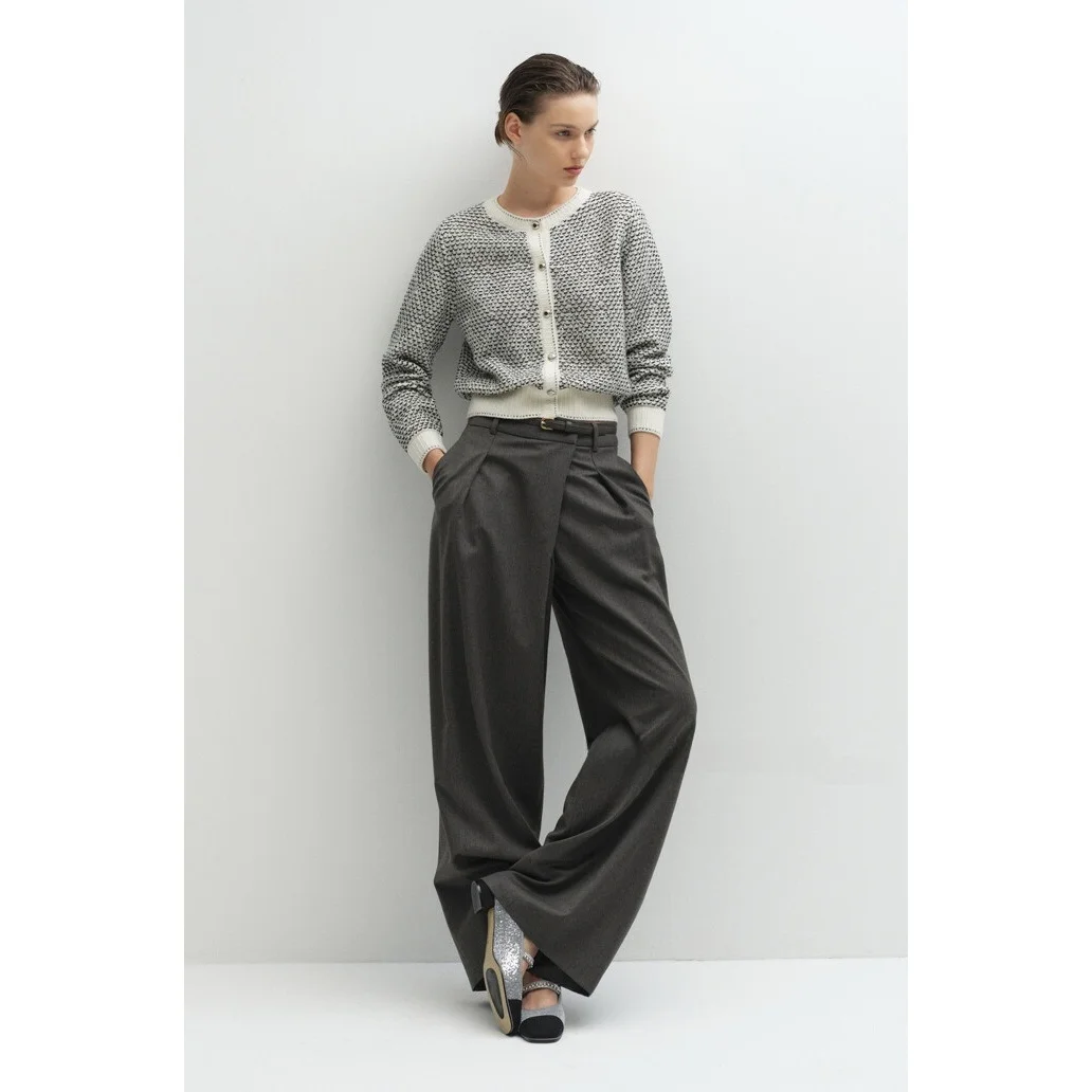 Wearable Commuter Style Pleated Wide Leg Pants Drapey Wrinkle Resistant Natural Waist Zipper Pocket Other Material Korean Ver...