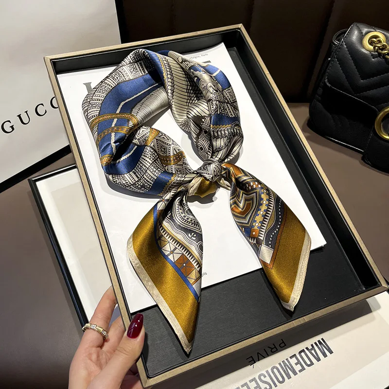 New Retro Thin Black Gold Disc Fan-Shaped Plaid Mulberry Silk 70 Square Scarf Bag Decoration Universal Female