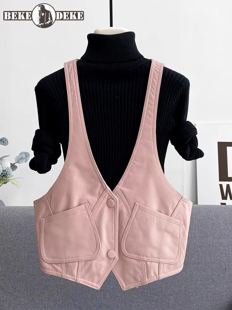 Fashion Women Loose Fit V Neck Single Breasted Vest Casual Streetwear Tops Sleeveless Jacket Sheepskin Genuine Leather Waistcoat