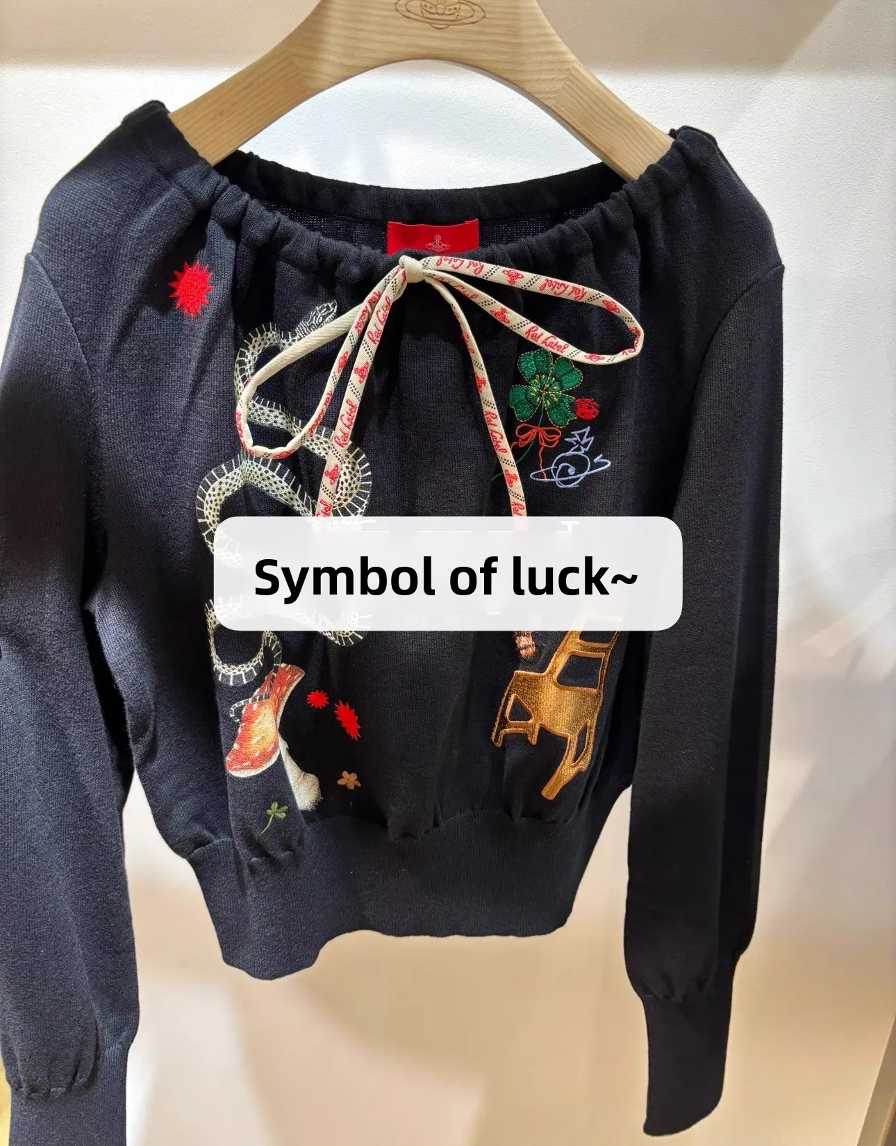 Spring New Arrival  Early Cartoon Embroidery Drawstring Ribbon Hooded Top Women's Loose Fit Long Sleeve Warm Knitwear