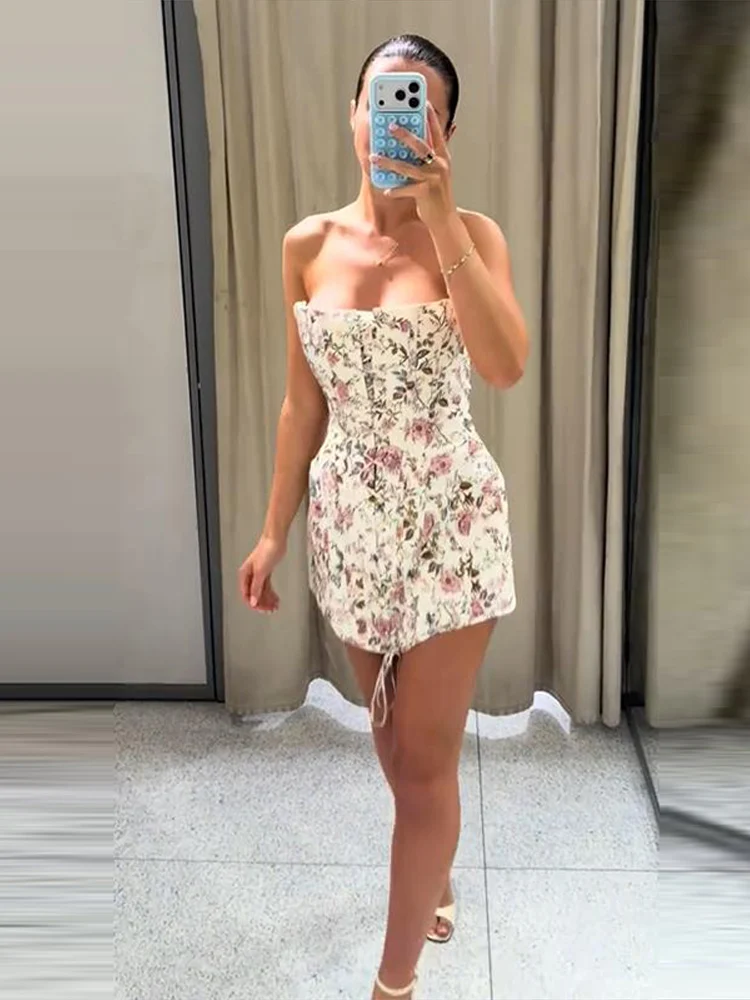 Bustier-Print-Reißverschluss-Damenkleid, sexy kurzes, ärmelloses, rückenfreies Kleid mit Schnürung, Damenmode 2026, elegante Sommerkleider für Frauen