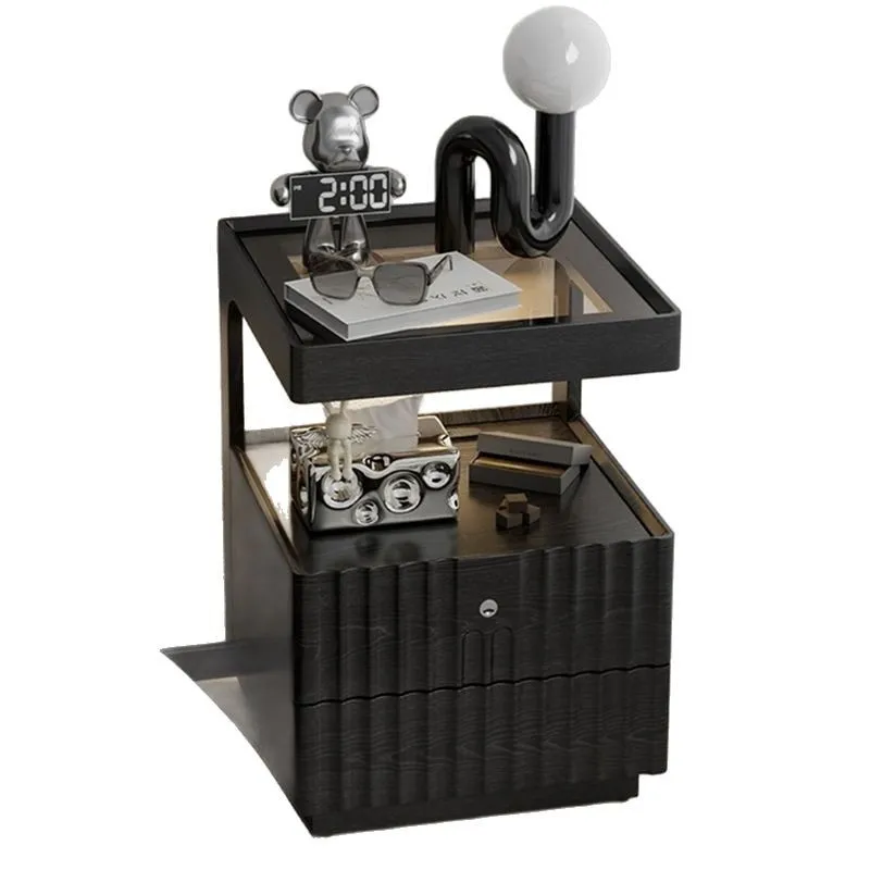 

Solid wood bedside table black simple modern bedroom bedside storage cabinet with lock locker with light charging locker