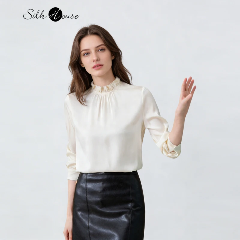

Women's Fashion Spring Clothing 90% Natural Mulberry Silk Elastic Satin Long Sleeve Stand Collar Temperament Long Sleeve T-shirt