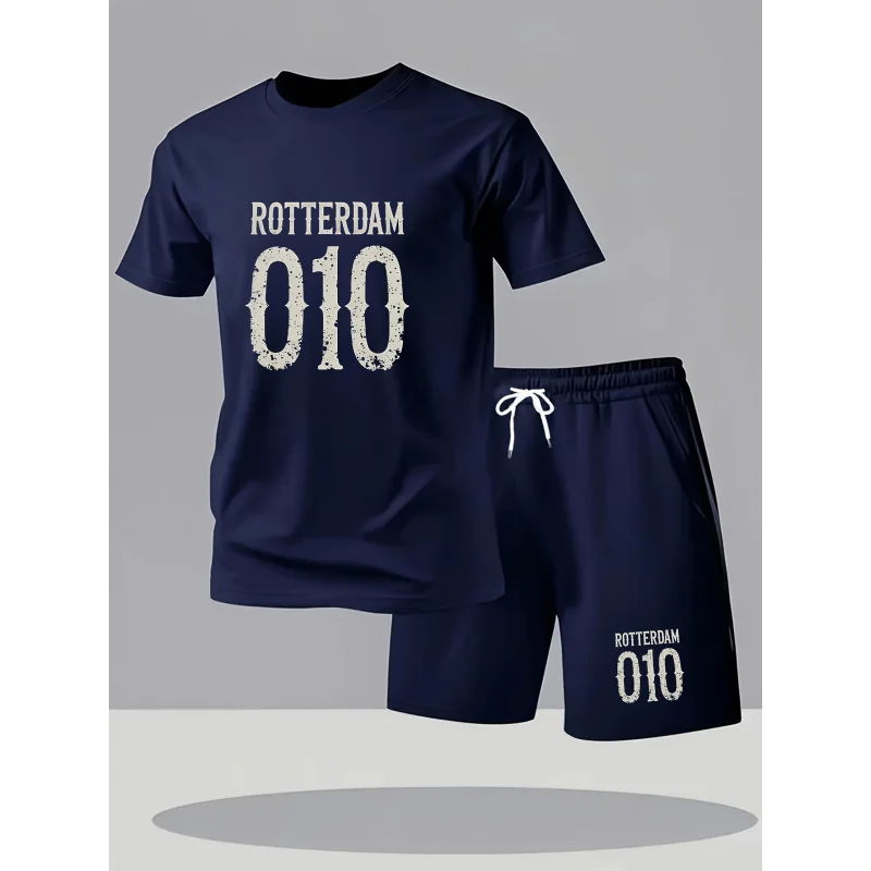 

Men's Summer Sports and Leisure Suit：Breathable and Quick-DryingTShirt，BeltROTTERDAMLetters10Design + Casual shorts
