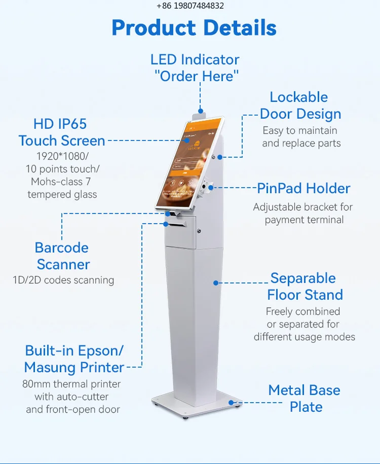 21.5'' New Design Kiosk for Aliexpress, Touchscreen ligent Payment Terminal SDK Barcode Reader for Restaurant