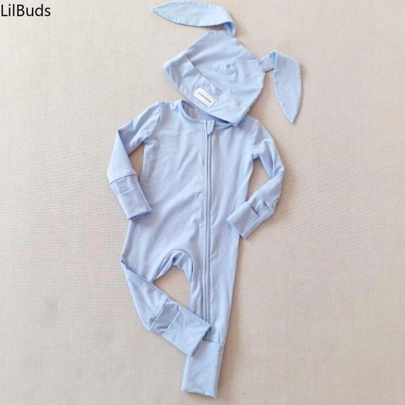 

2024 Newborn Boys Girls Zipper Romper Long Sleeves Jumpsuit with Cute Hat Two-Piece Sets Solid Boutique ClothingSpring Autumn