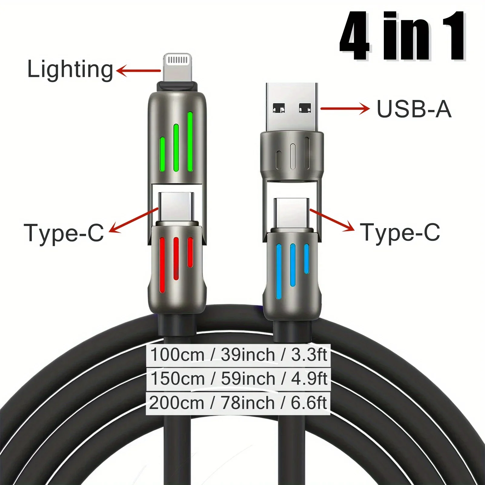 100W شحن سريع للغاية 4in1 كابل بيانات USB من النوع C من السيليكون السائل من سبائك الألومنيوم