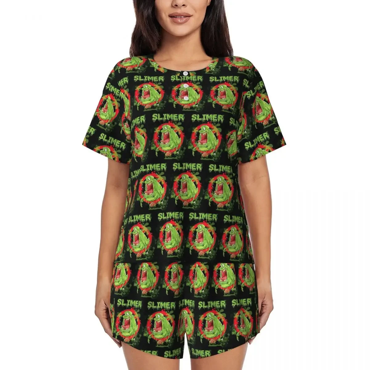 

Ghostbusters Slimer Round Neck Short Sleeve Nightgowns for Sleeping Sleepshirts Women Soft Pajama Set Short Pants