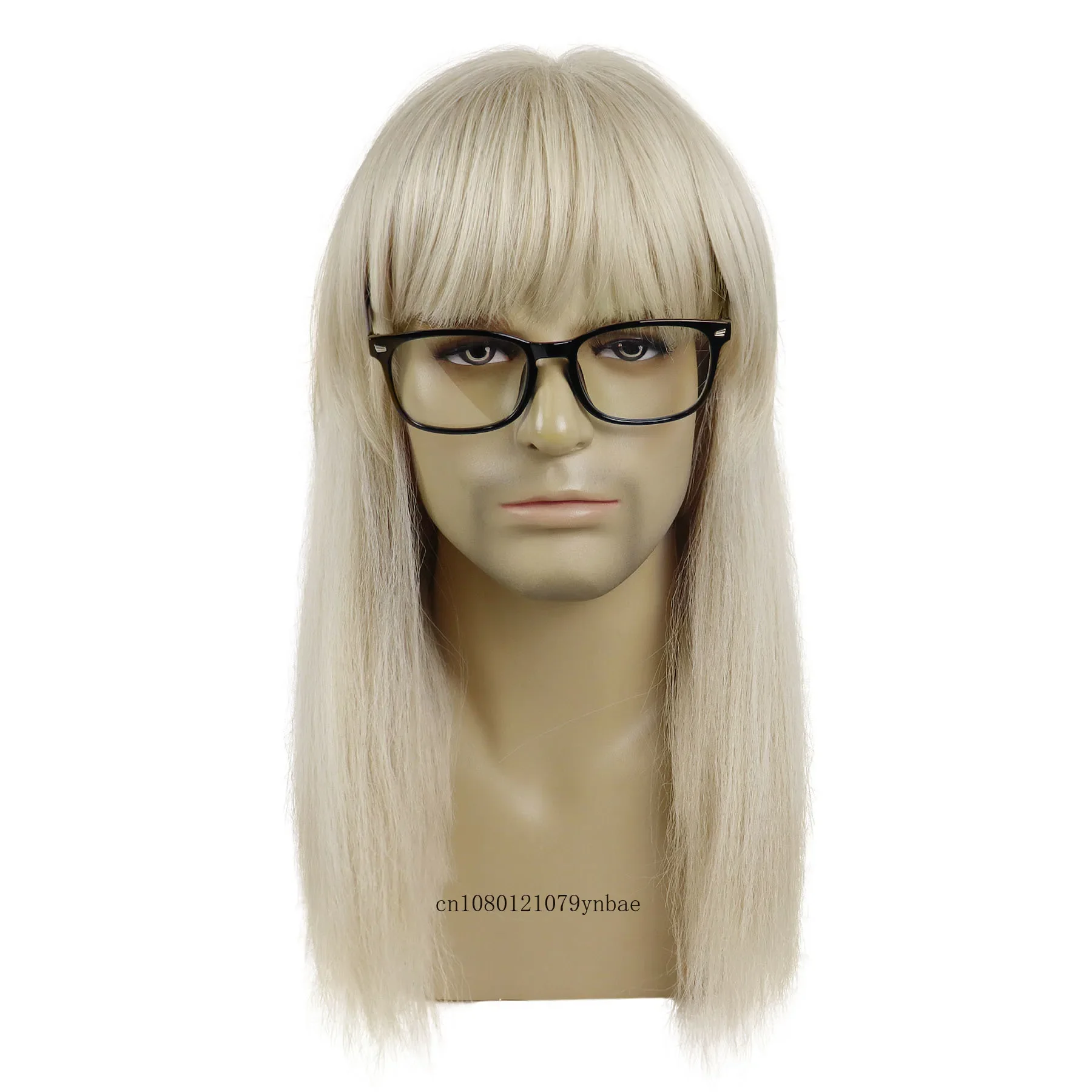 Synthetic 19 Inch Medium Length Blonde Wigs with Bangs 80s Heavy Metal Halloween Cosplay Mullet Fancy Dress Punk Wig and Glasses