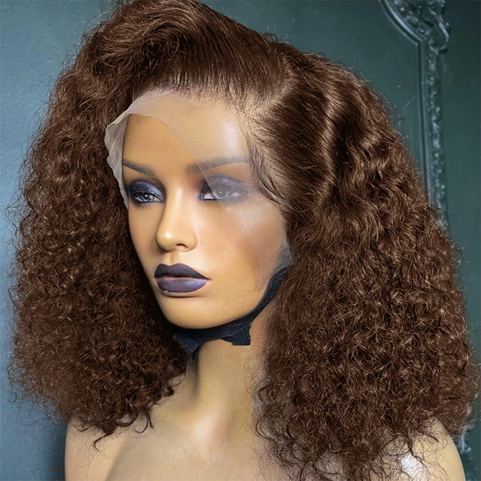 

Коричневый короткий боб 13x4 HD парики фронта шнурка бесклеевые странные вьющиеся глубокие волны воды кружевной фронтальный парик # 4-цветные бразильские 100% человеческие волосы