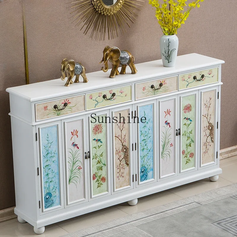 New Chinese-style painted flowers spring, summer, autumn and winter two-meter folding door solid wood shoe cabinet