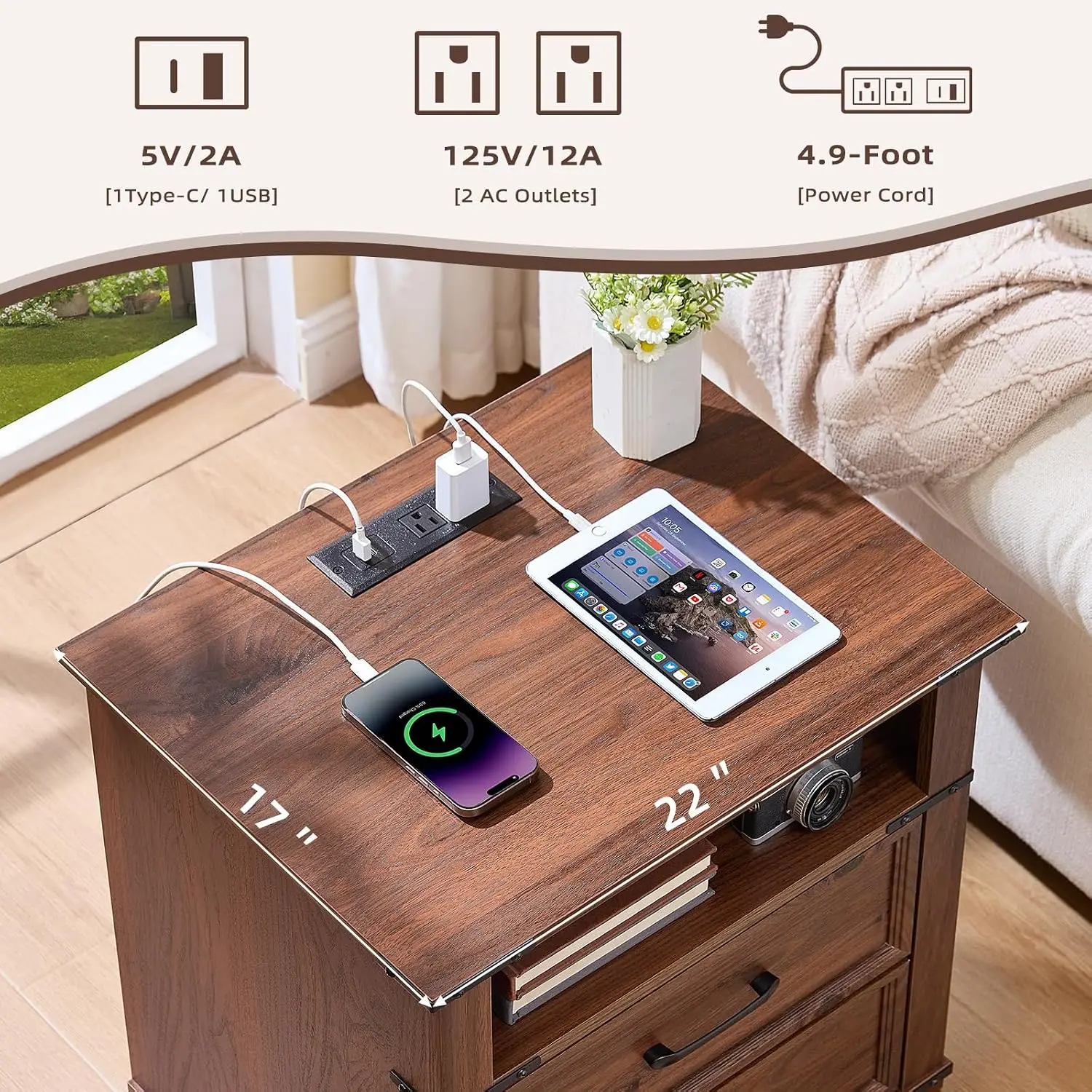 Farmhouse Nightstand Set with Charging 3