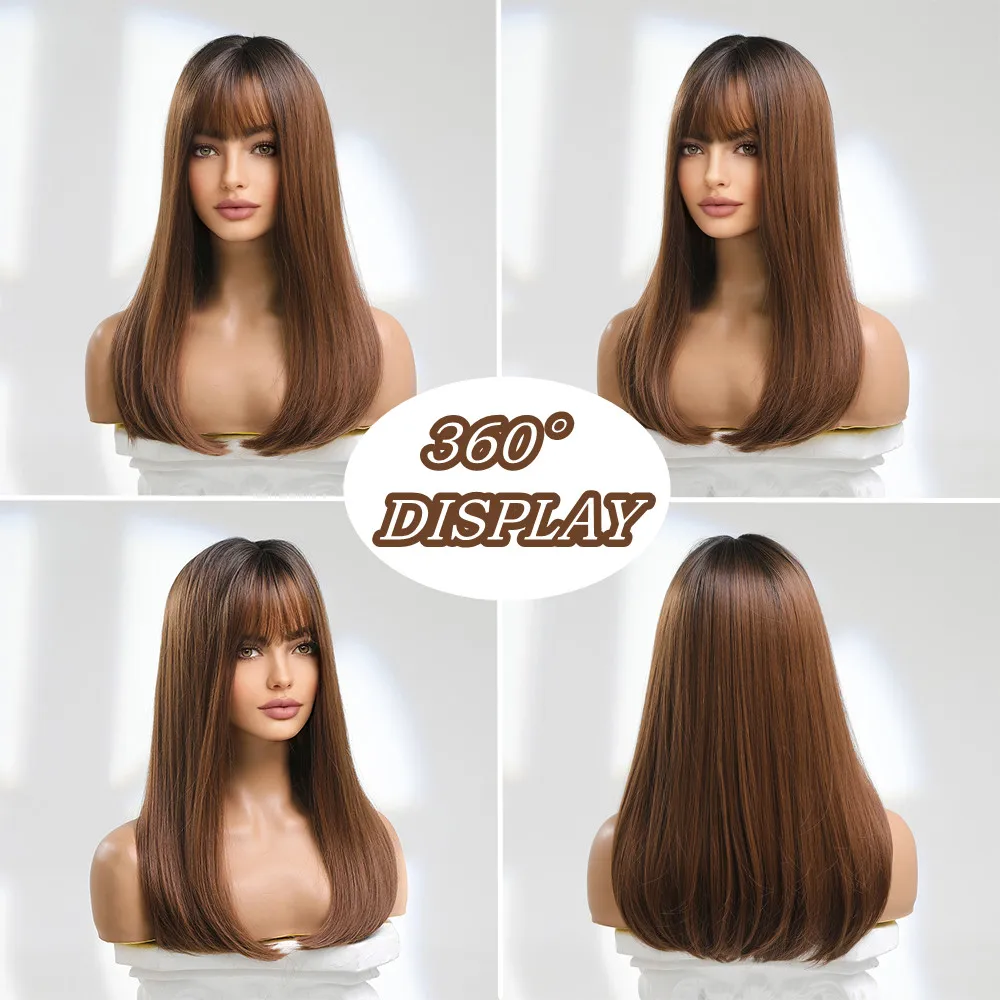 HENRY MARGU Ombre Brown Synthetic Wig with Bangs Medium Length Straight Wig Dark Roots Heat Resistant Wig for Women Soft Wig