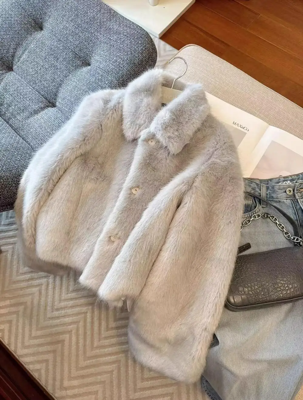 Winter Light Gray Turn down Lapel Hairy Shaggy Faux Fur Coat Women Full Sleeve Furry Warm Jacket Short Outerwear Korea Clothing