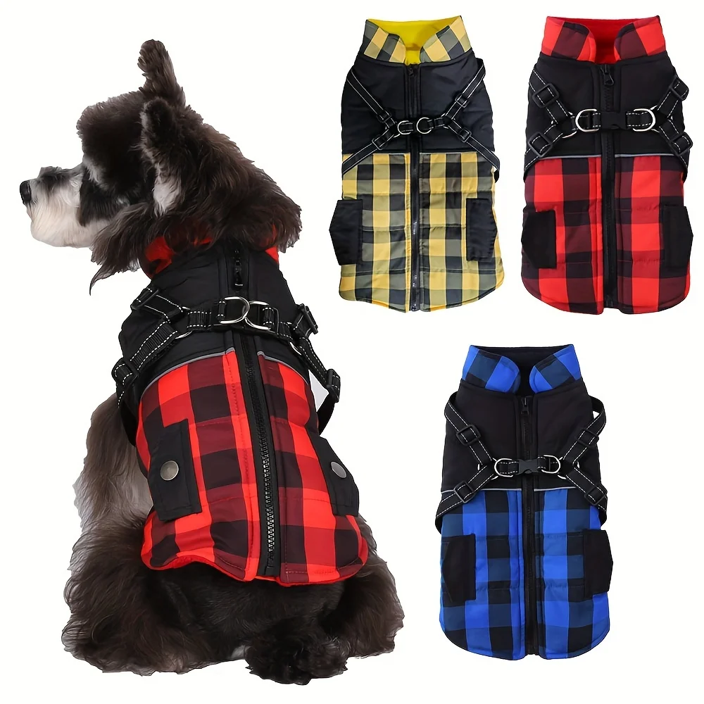 Plaid Thicken Padded Pet Dog Jacket With Harness For Cold Weather Windproof Winter Dog Jacket Coat For Small Medium Large Dog