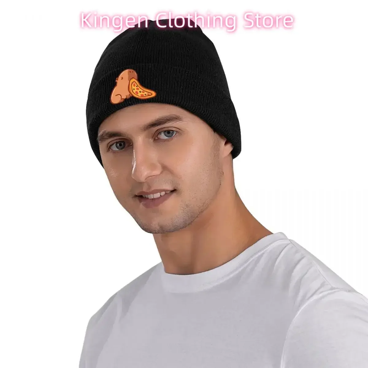 2026 1pc Anime Capybara Eating Pizza Print Beanie Acrylic Knit Fabric Lightweight Stretchable Hand Washable Skull Hat For Men Wo