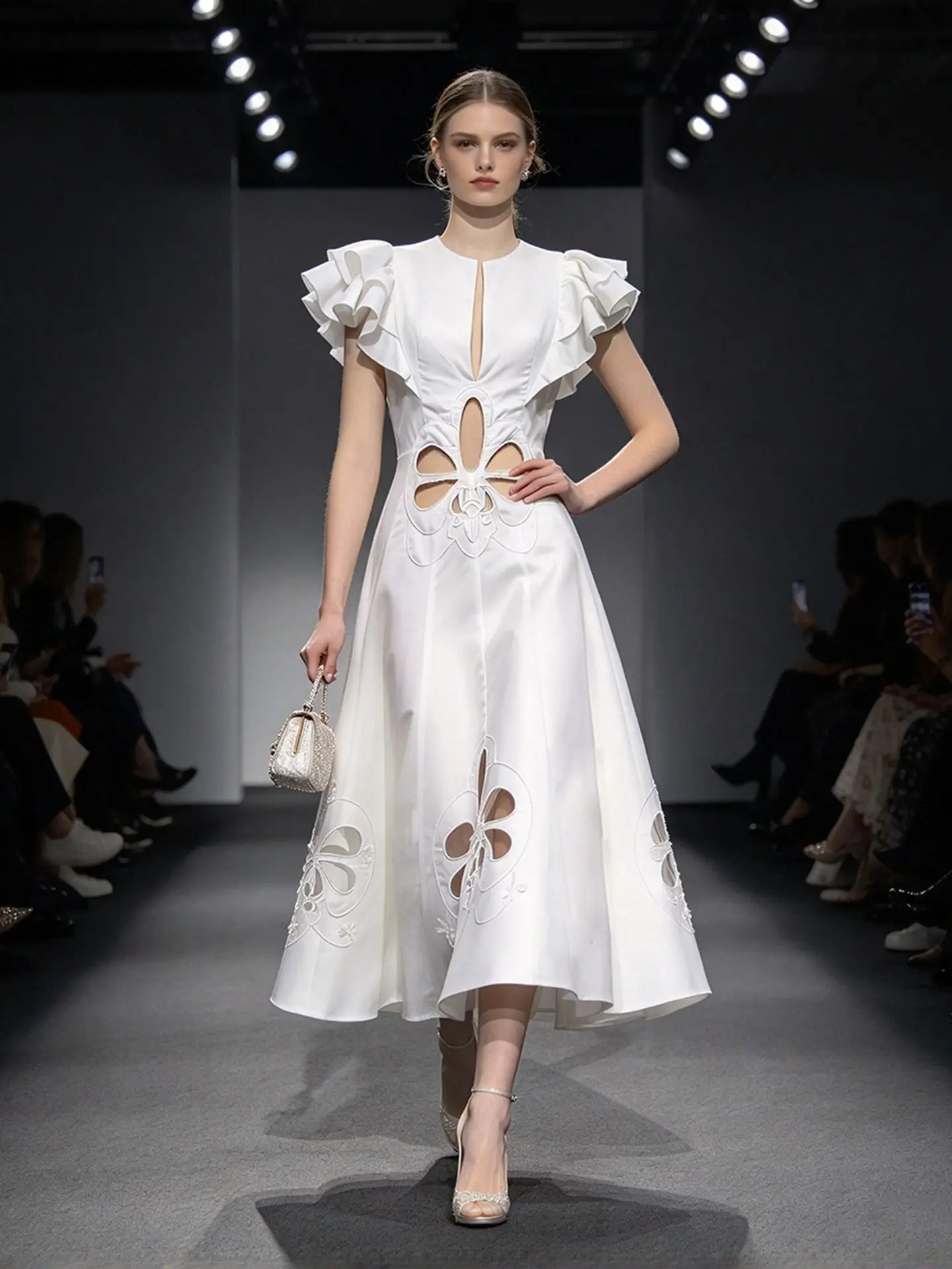 Modphy Sexy O Neck Hollow Out Flower Embroidery Midi Dress Women White Sleeveless Floral Mermaid Dresses Evening Party Clothing