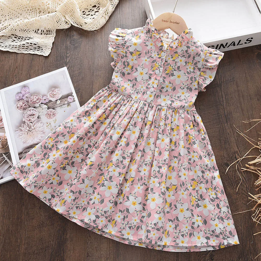 Menoea 2023 Summer Baby Girls Flower Dresses Fahion Style Flying Sleeves Floral Dress 2-6 Years Kids Casual Clothing Outfits