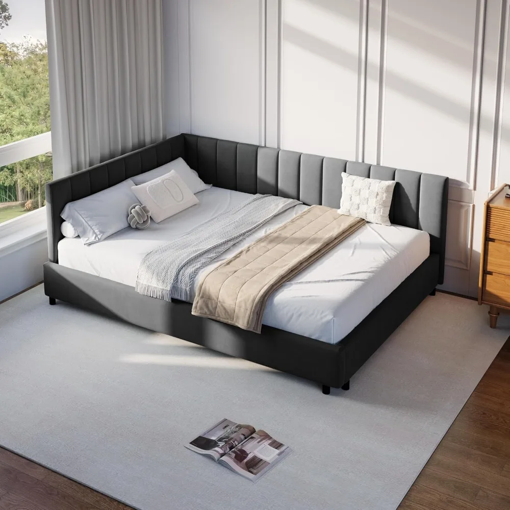L-Shape Corner Bed Frame, Velvet Upholstered Channel Tufted Daybed, Floor Platform Bed with Soft Headboard for Bedroom Nook