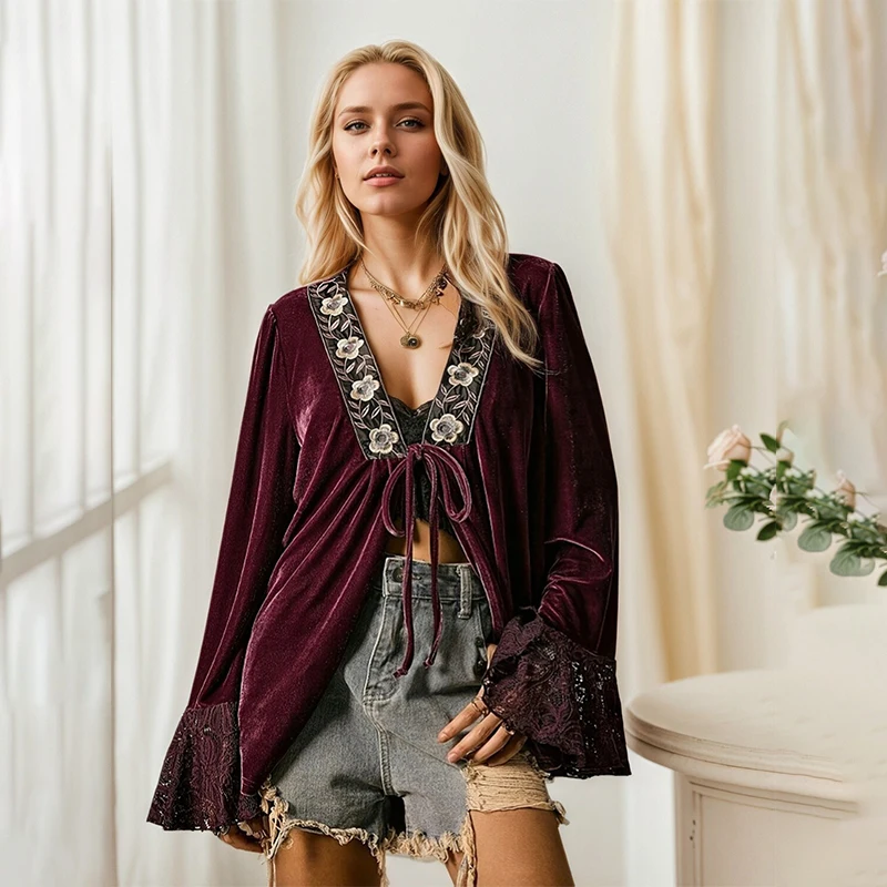 

Lace-up Velvet Open Cardigan Floral Pattern Small Jacket Women's Sexy V-neck Bell Sleeve Tops Vintage Spring Autumn Coat