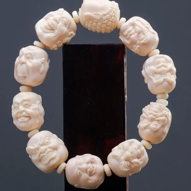 Natural Mammoth Ivory Double Sided Eighteen Arhats Carved Bracelet High End Fine Craft Handheld Plaything Exquisite Art Jewelry