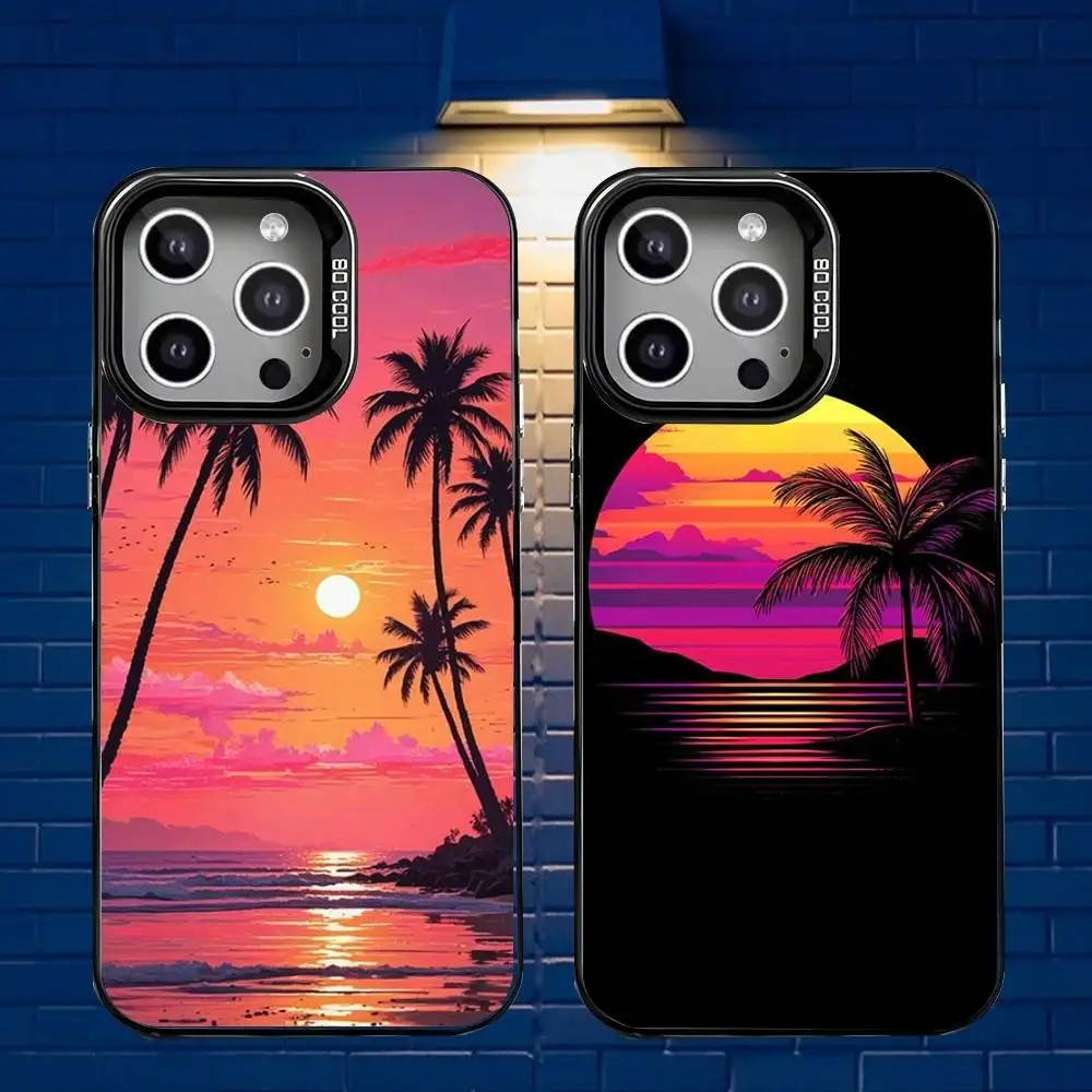 

Beach Sunset Palm Tree Phone Case For iPhone 16,15,14,13,12,11,Mini,Pro,E,MAX Gray Matte Silicone Black Cover