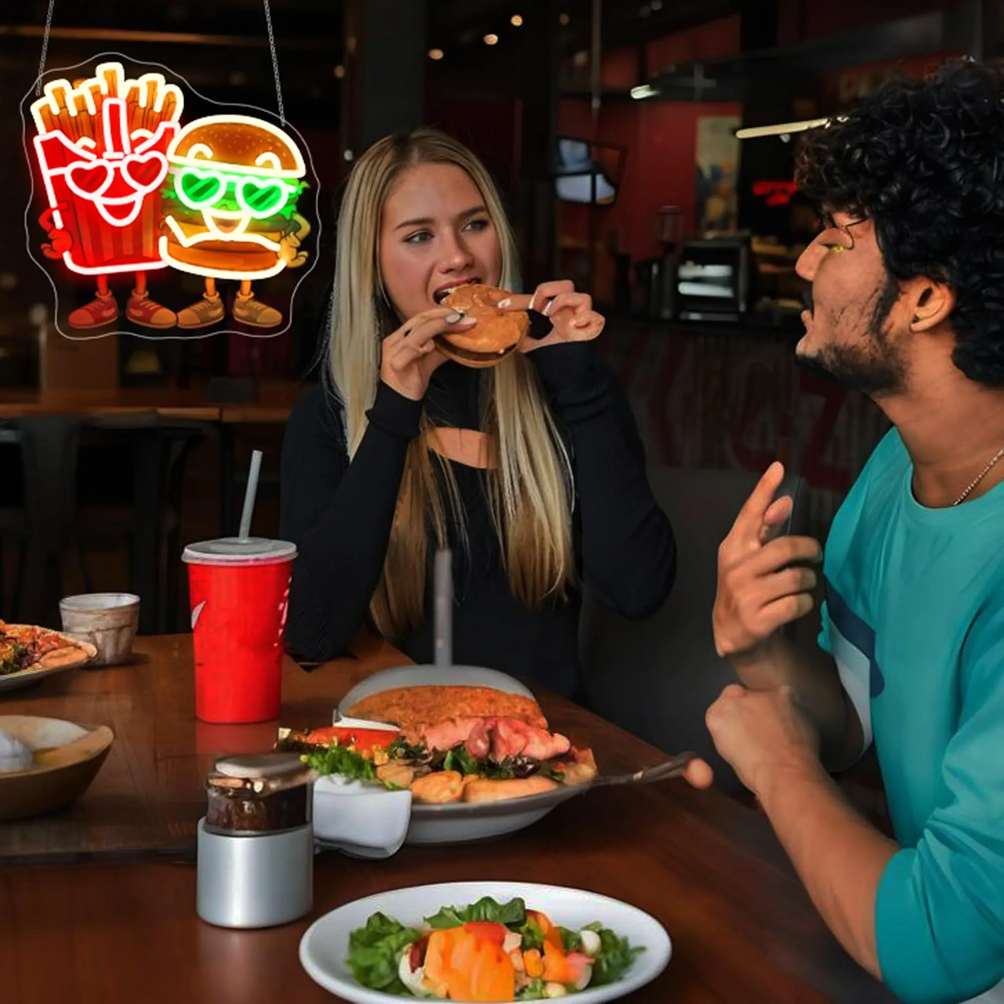 Hamburger Fries Neon Sign UV Printed Dimmable LED Light Up USB Powered for Wall Decor Business Restaurant Bar Club Shop Party