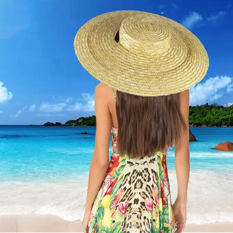 Ladies Summer Fashion Elegant Flat Top Wide Brim Straw Hat with Black Ribbon Tie Sun Hat Beach Cap 12/15/18cm