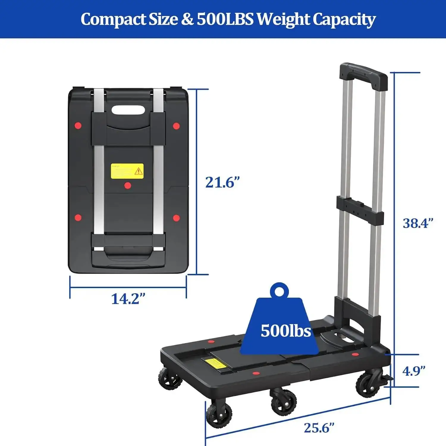 Folding Hand Truck, 500 LBS Collapsible Dolly Cart, Luggage Cart Heavy Duty with 6 Rotary Wheels (2 Brake Wheels)