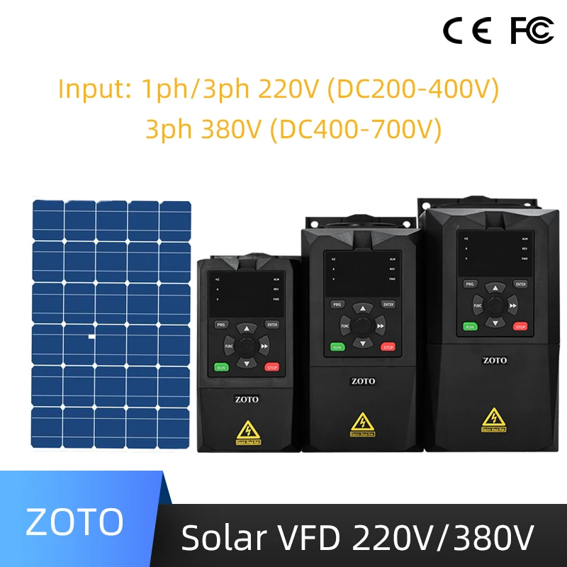 Solar VFD 220V 0.4KW-3.0KW Input 1phase DC200V-400V Output 3phase 220V Motor Speed Controller Frequency Drive Inverter