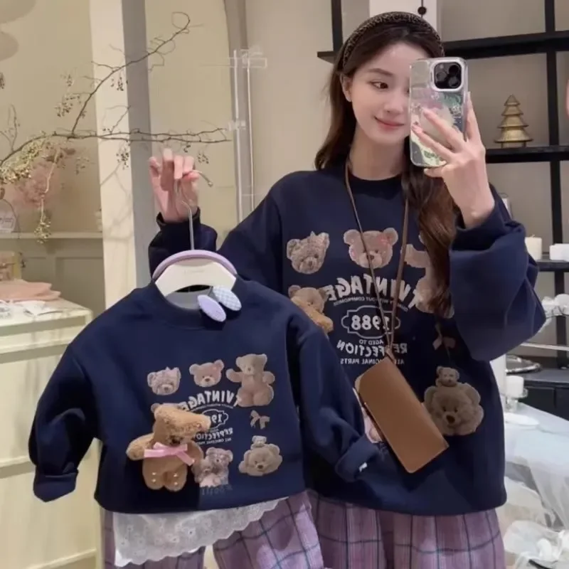 Mother and Daughter Matching Fashion Outfits Korean Style Mom and Baby Girls Sweatshirts with Cute Bear Pin and Plaid Pants Sets