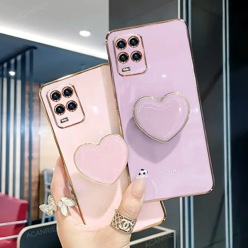 Realme8 i 8pro Luxury Plating Love Heart Holder Phone Case On For Oppo Realme 8 Pro 4g 5g 8i Girl Cute Stand Silicone Cover