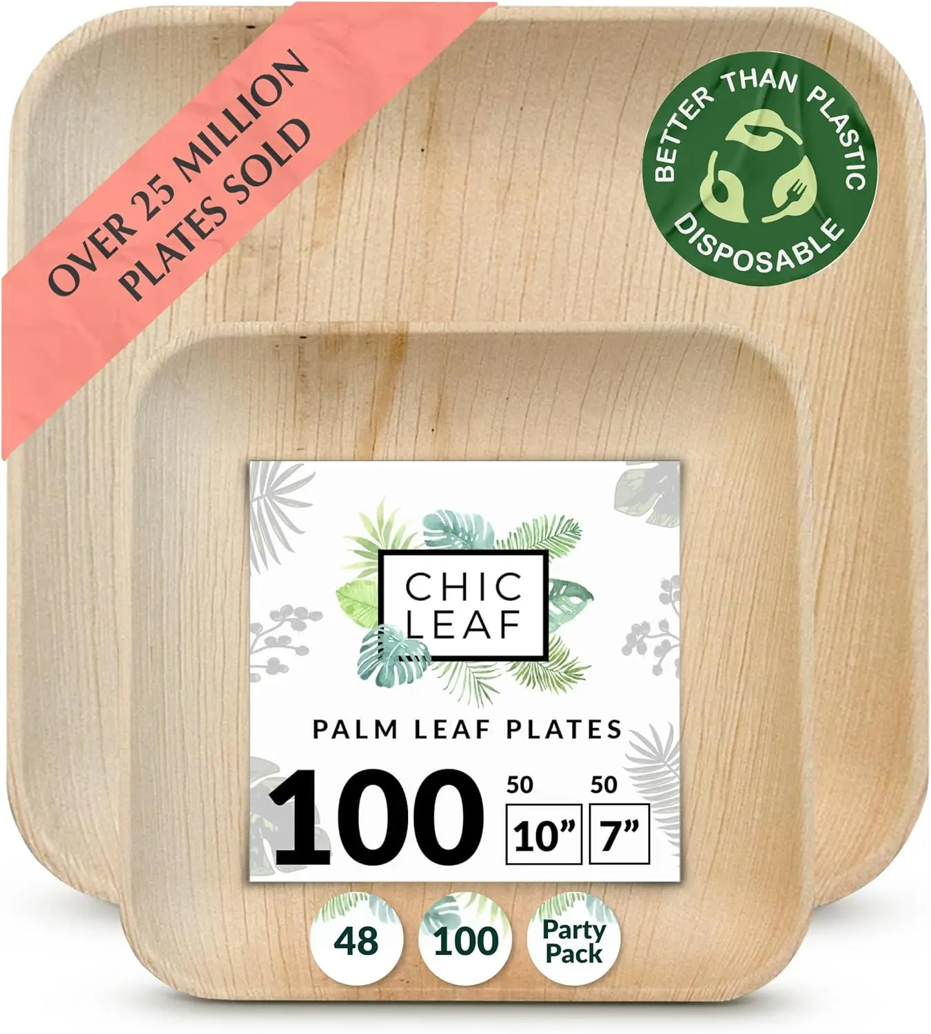 Chic Leaf Palm Leaf Disposable Plates - Square Bamboo Plates 100 Pack 10