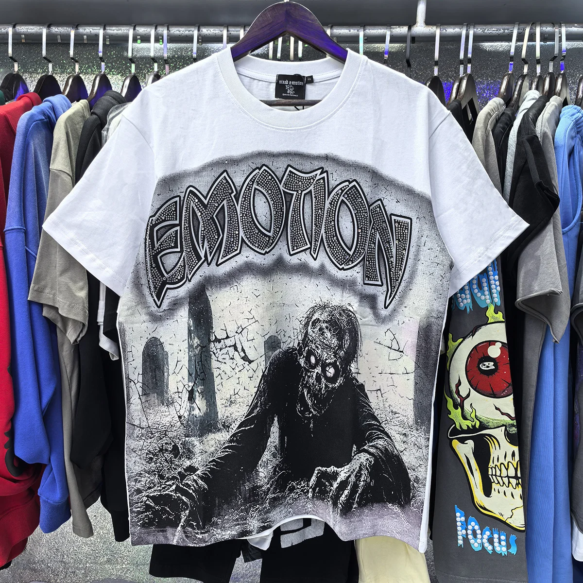 Mixed Emotion American INS Zombie Skeleton Retro Rhinestone Letter Trendy Brand High Street Pure Cotton Short Sleeve T-Shirt