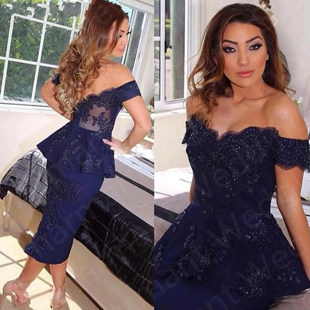 

Charming On Sale Navy Blue Prom Gowns Tea Length Lace Evening Dress Off Shoulder Sleeves Wedding Party Gown Peplum Appliqued