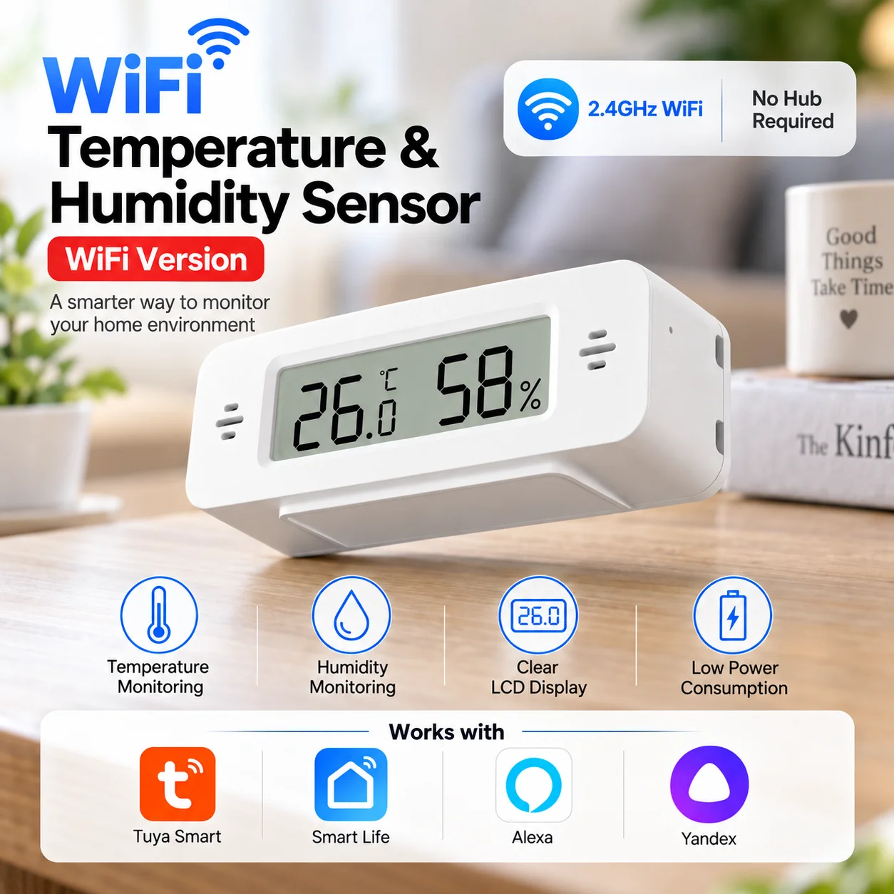 Tuya WiFi Temperature Humidity Sensor Monitor Smart Home Thermometer Hygrometer APP Remote Control Works SmartLife Yandex Alexa