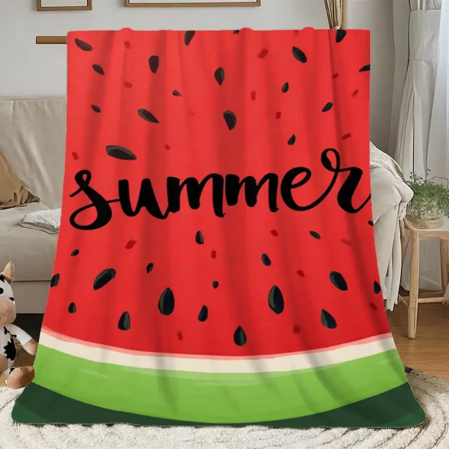 1pc Warm Premium Flannel Blanket, Vibrant Watermelon Slice with Summer Script and Sunburst Design, Comfortable All-Season Decorative Throw Gift, 280GSM Perfect as Home Decoration & Holiday Gift Choice.