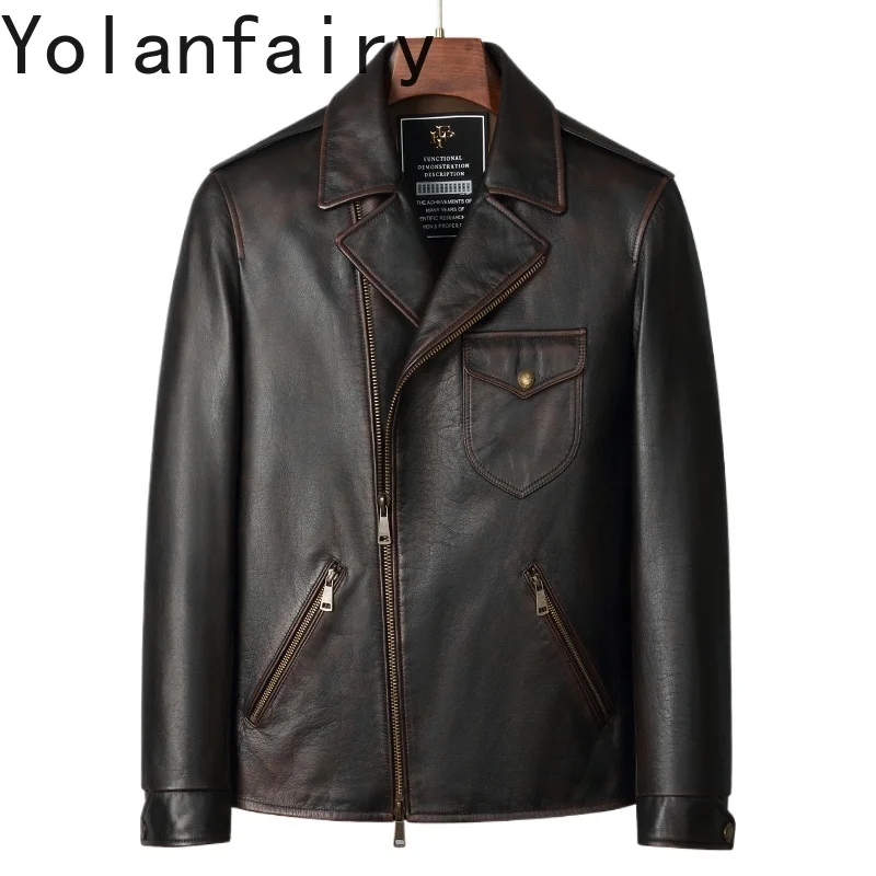 YOLANFAIRY High-end Top Layer Cowhide Vintage Leather Jacket Man Spring Autumn Short Fashion 100% Real Cow Leather Coat Abrigos
