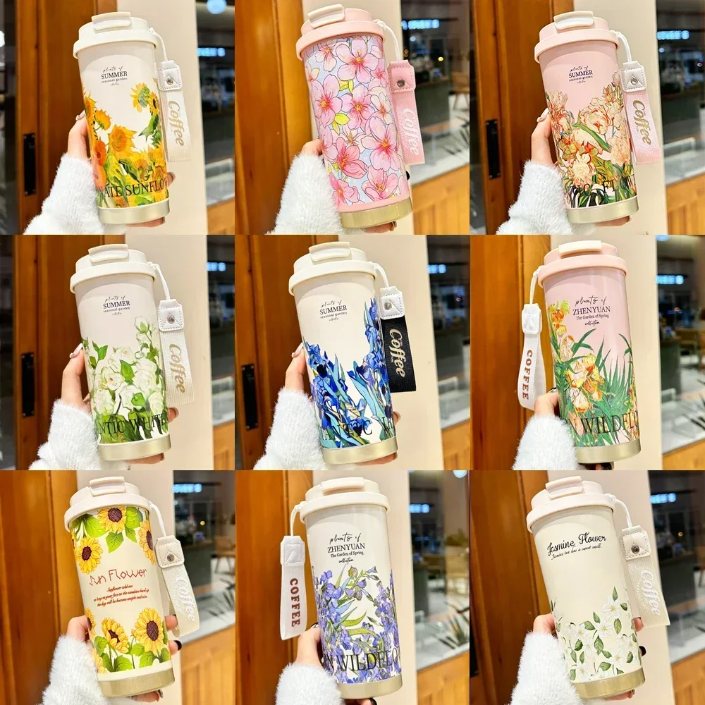 Woman Flower Coffee Mug 500ml 316 Stainless Steel Vacuum Flask Straw and Directly Drinking Insulated Tumbler Thermal Cup